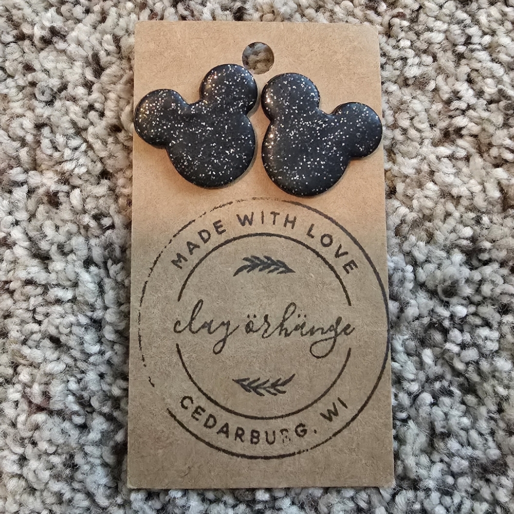 Clay Mickey Earrings Black Glitter